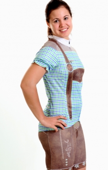 Trachten Damen Radtrikot im Lederhosen-Look, Karo grün/blau