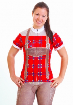 Trachten Damen Radtrikot im Lederhosen-Look, Karo rot